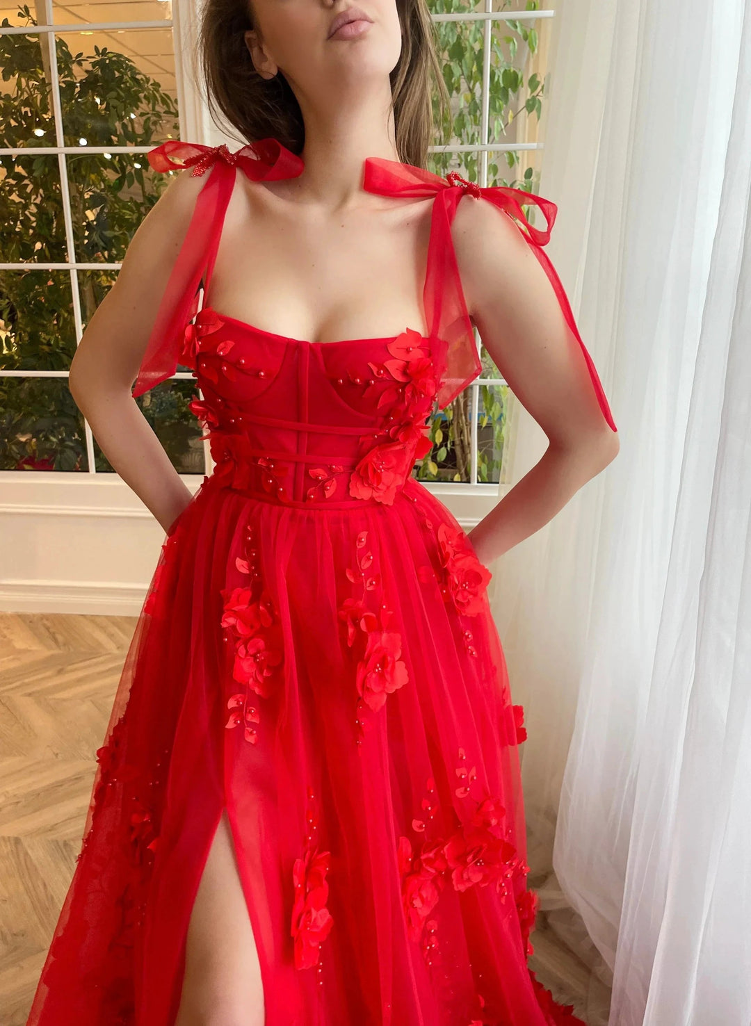 Cameron | Scarlet Lace A-line 3D Flower Long Prom Dress With Slit by KissProm