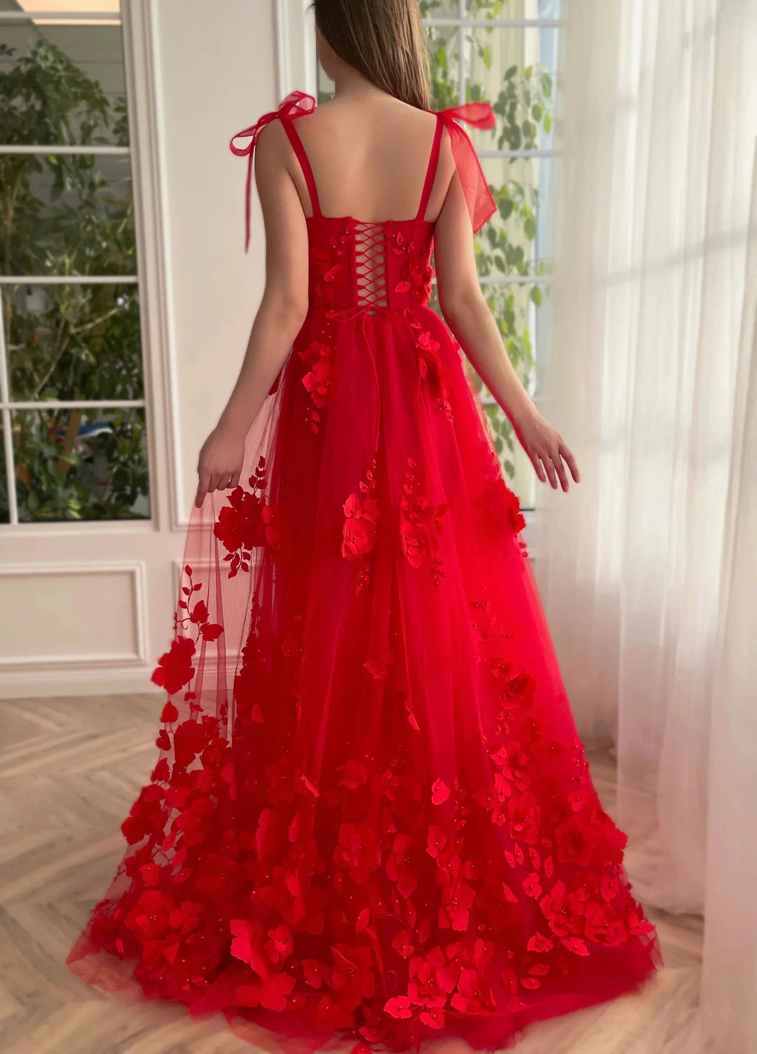 Cameron | Scarlet Lace A-line 3D Flower Long Prom Dress With Slit by KissProm