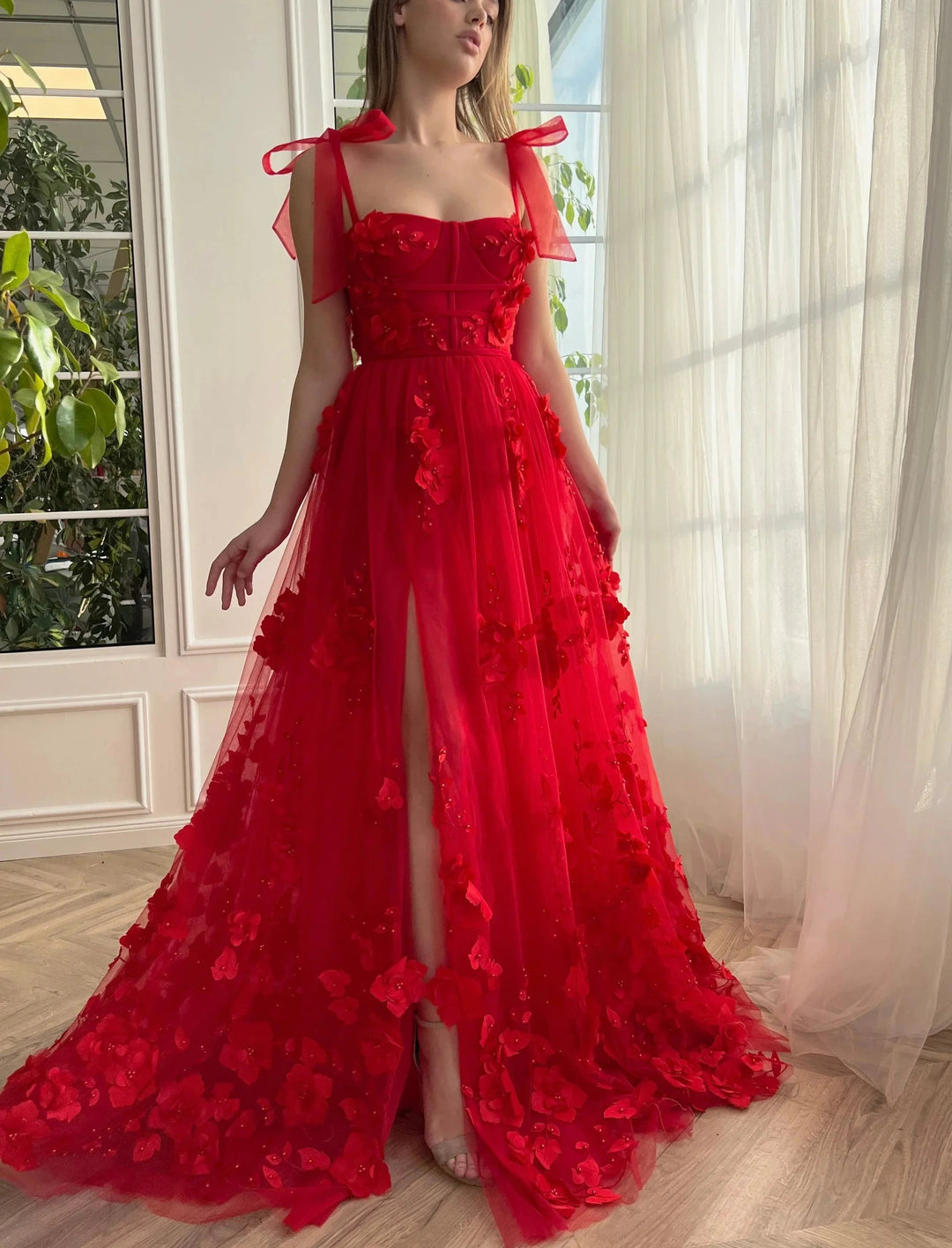 Cameron | Scarlet Lace A-line 3D Flower Long Prom Dress With Slit by KissProm