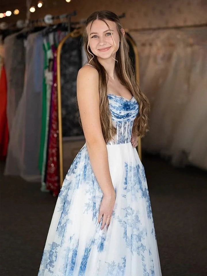 Inez | A-Line Strapless Blue Floral Print Long Prom Dresses by KissProm