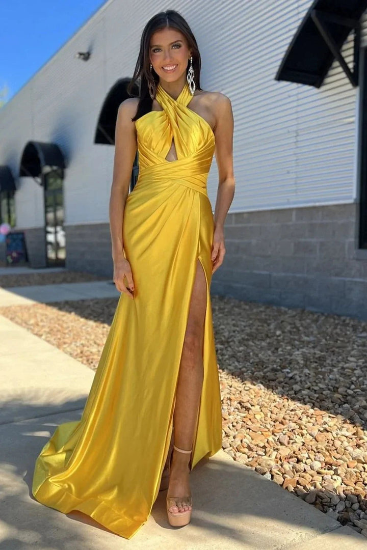 Iras | Yellow Halter Satin Mermaid Long Prom Dress With Slit by KissProm