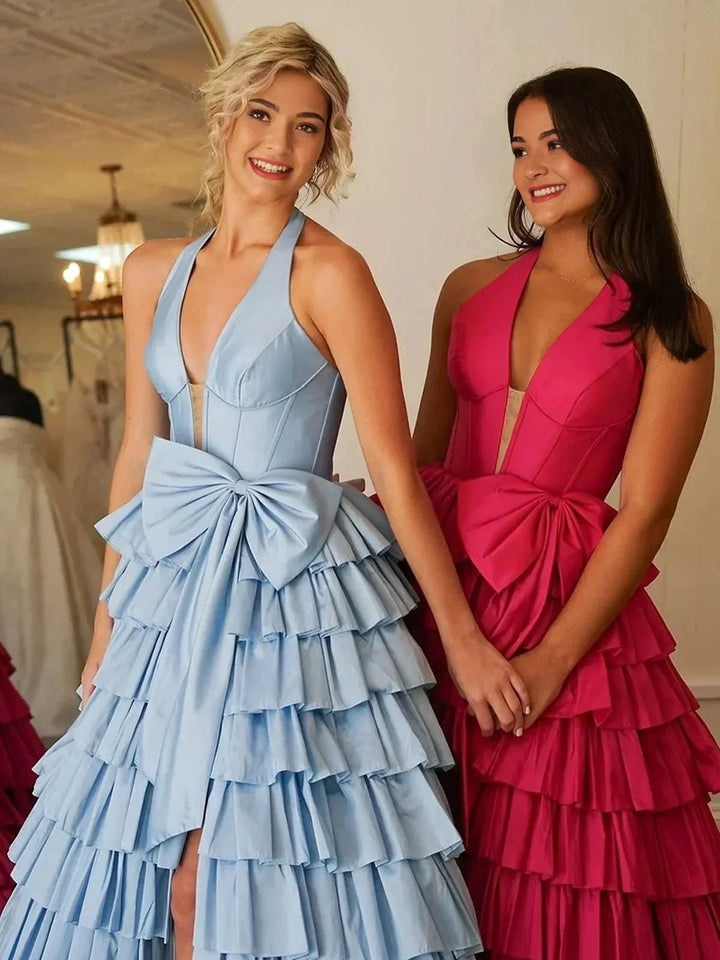 Iridium | Halter A-Line Blue Satin Long Ruffled Prom Dress With Slit by KissProm
