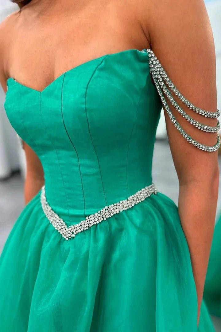 Ivayla | Ball Gown Strapless Green Tulle Beaded Long Prom Dresses with Slit by KissProm