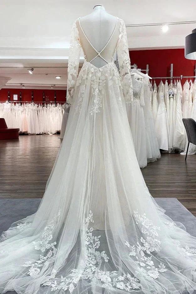 Vestidos de Noiva Marfim em Linha A com Tule, Mangas Compridas, Aplicações de Renda e Costas Descobertas