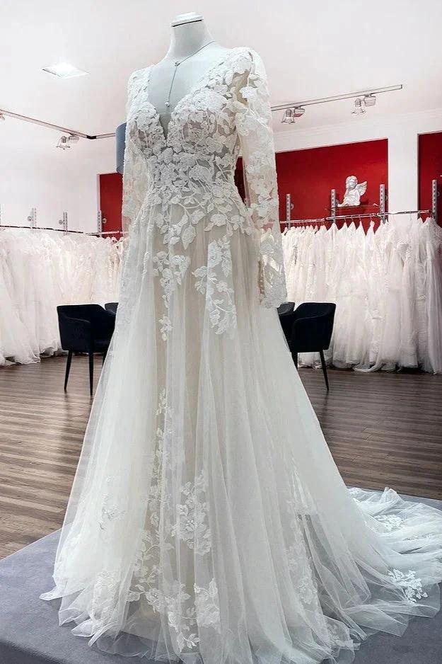 Vestidos de Noiva Marfim em Linha A com Tule, Mangas Compridas, Aplicações de Renda e Costas Descobertas