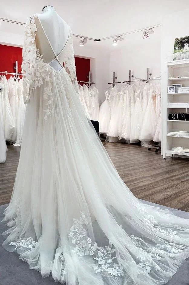 Vestidos de Noiva Marfim em Linha A com Tule, Mangas Compridas, Aplicações de Renda e Costas Descobertas