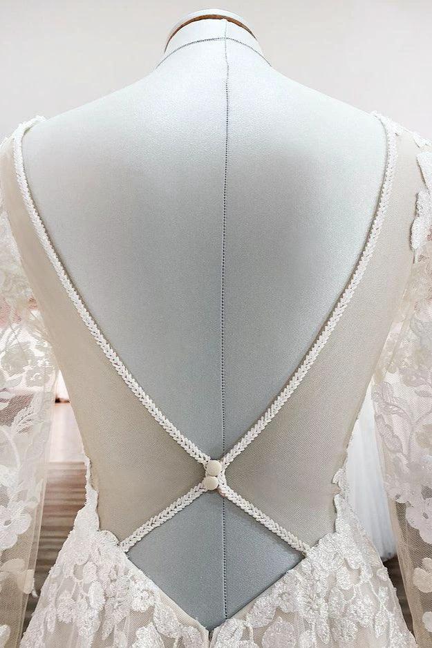 Vestidos de Noiva Marfim em Linha A com Tule, Mangas Compridas, Aplicações de Renda e Costas Descobertas