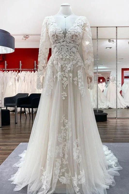 Vestidos de Noiva Marfim em Linha A com Tule, Mangas Compridas, Aplicações de Renda e Costas Descobertas