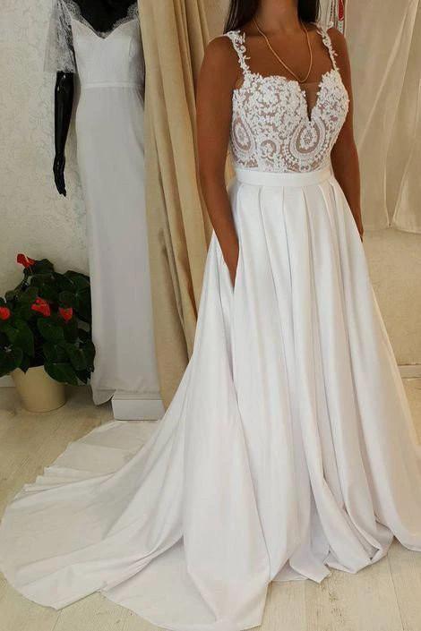 Ivory Beach Long A-line Sweetheart Chiffon Wedding Dress with Pockets by BIZTUNNEL