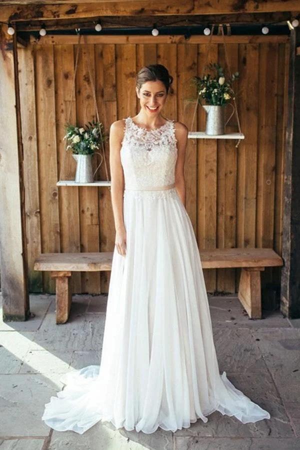 Ivory Beach Wedding Dress Lace Boho Bridal Gown With Train WD533 by pgmdress