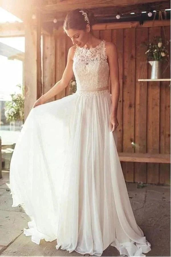 Ivory Beach Wedding Dress Lace Boho Bridal Gown With Train WD533 by pgmdress
