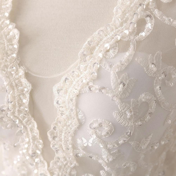 Ivory Lace and Satin V-neck Long Sleeve Beaded Wedding Dress WD144 by pgmdress