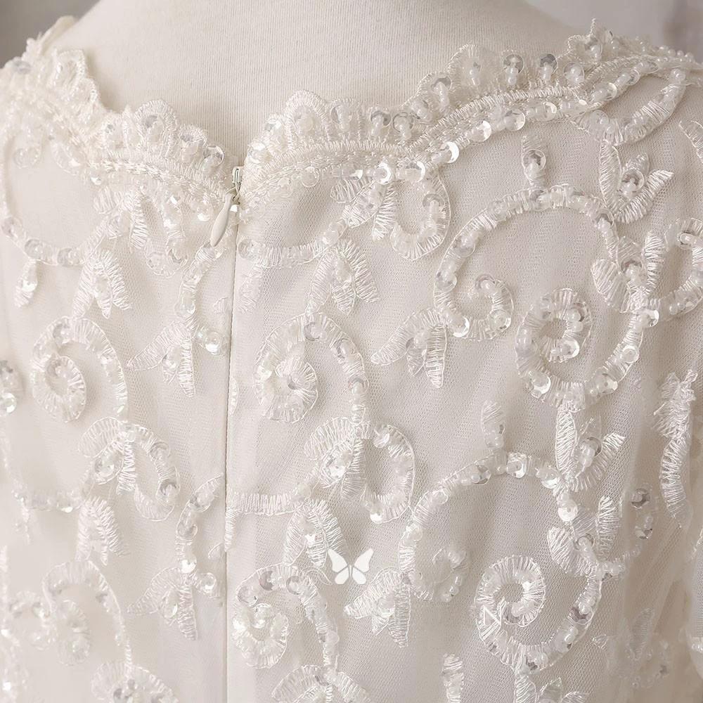 Ivory Lace and Satin V-neck Long Sleeve Beaded Wedding Dress WD144 by pgmdress