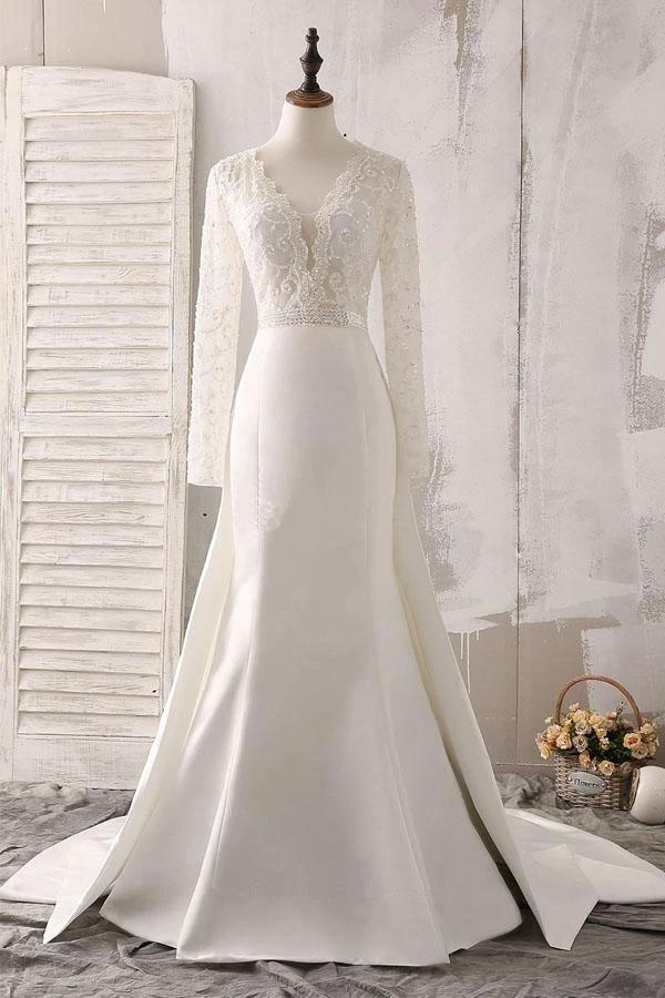 Ivory Lace and Satin V-neck Long Sleeve Beaded Wedding Dress WD144 by pgmdress