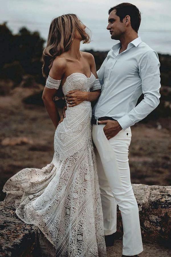 Ivory Lace Beach Wedding Dresses Sweetheart Neck Wedding Dresses WD335 by pgmdress