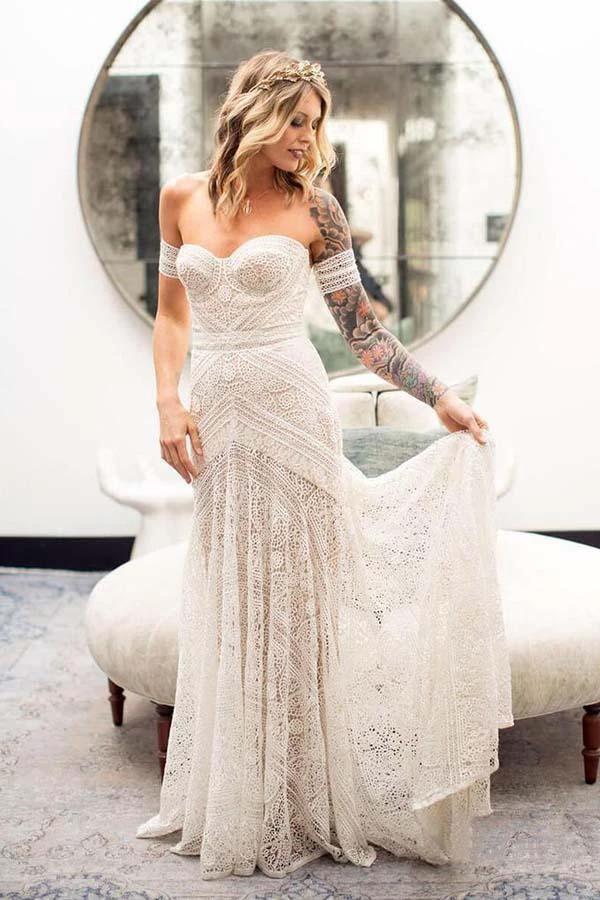 Ivory Lace Beach Wedding Dresses Sweetheart Neck Wedding Dresses WD335 by pgmdress