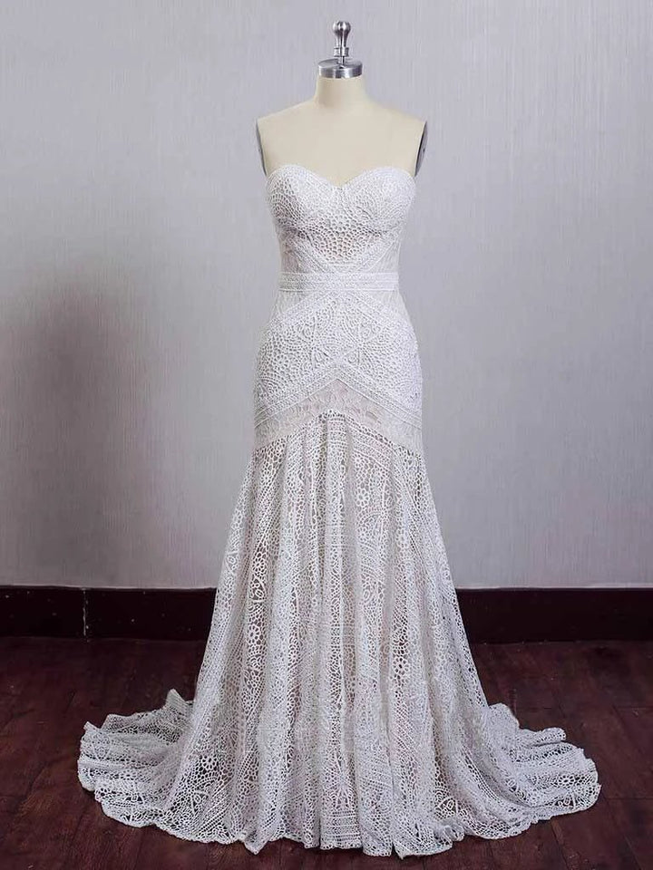 Ivory Lace Beach Wedding Dresses Sweetheart Neck Wedding Dresses WD335 by pgmdress