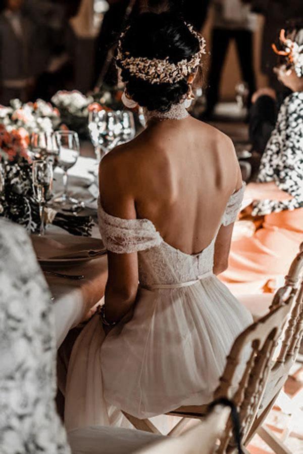 Ivory Lace Off The Shoulder Backless Chiffon Split Wedding Dresses WD511 by pgmdress