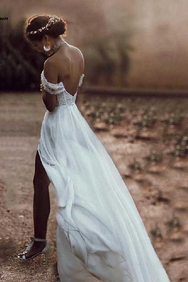 Ivory Lace Off The Shoulder Backless Chiffon Split Wedding Dresses WD511 by pgmdress