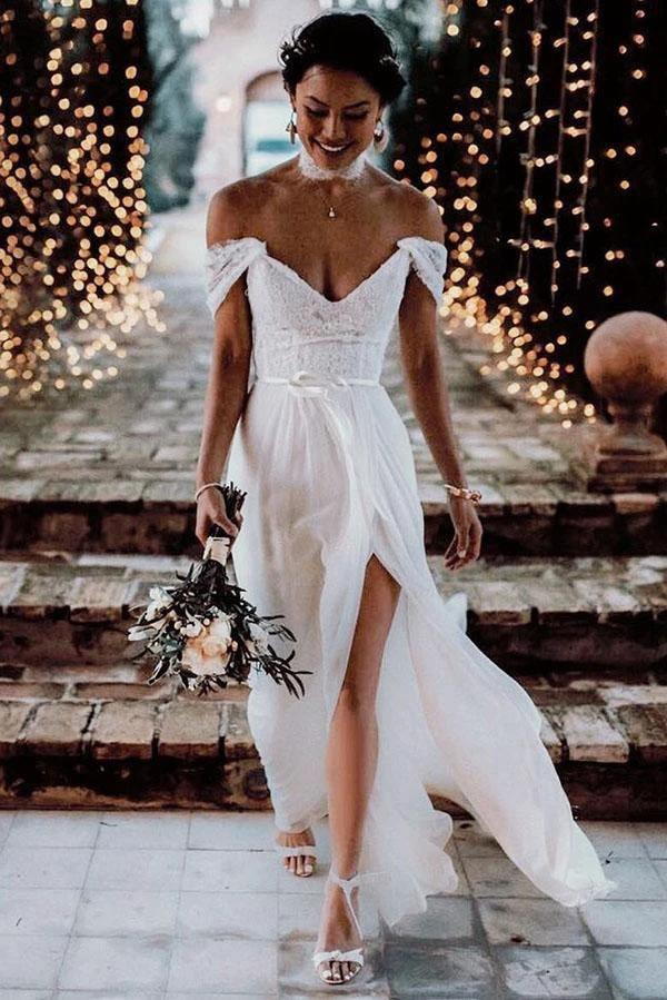 Ivory Lace Off The Shoulder Backless Chiffon Split Wedding Dresses WD511 by pgmdress