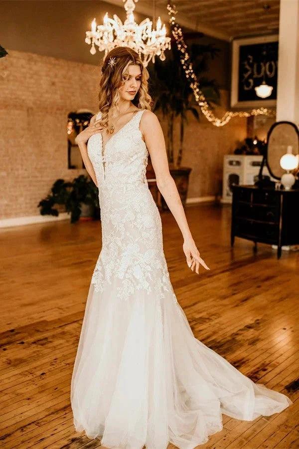 Ivory Long Mermaid V-neck Straps Tulle Lace Wedding Dress with Ruffles by BIZTUNNEL