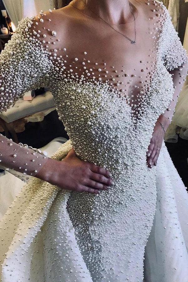 Ivory Long Sleeves Despatchable Train V-neck Button Wedding Dress with Fully coverd Pearls by misshow.com