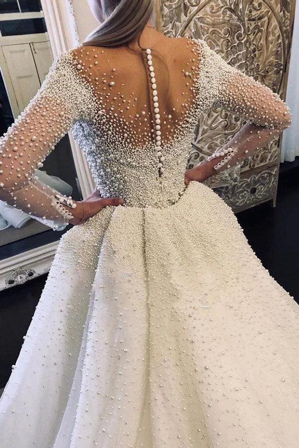Ivory Long Sleeves Despatchable Train V-neck Button Wedding Dress with Fully coverd Pearls by misshow.com