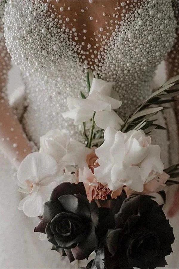 Ivory Long Sleeves Despatchable Train V-neck Button Wedding Dress with Fully coverd Pearls by misshow.com