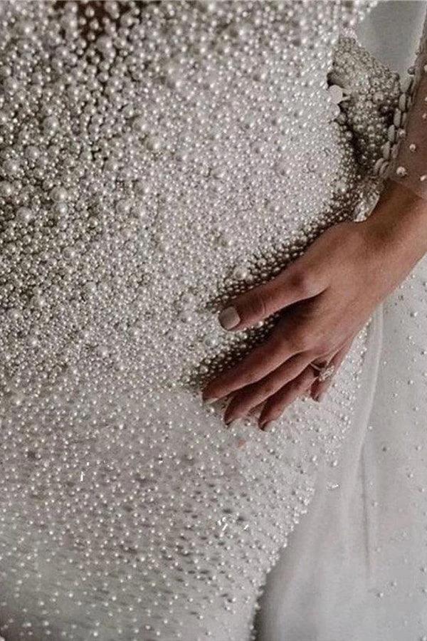 Ivory Long Sleeves Despatchable Train V-neck Button Wedding Dress with Fully coverd Pearls by misshow.com