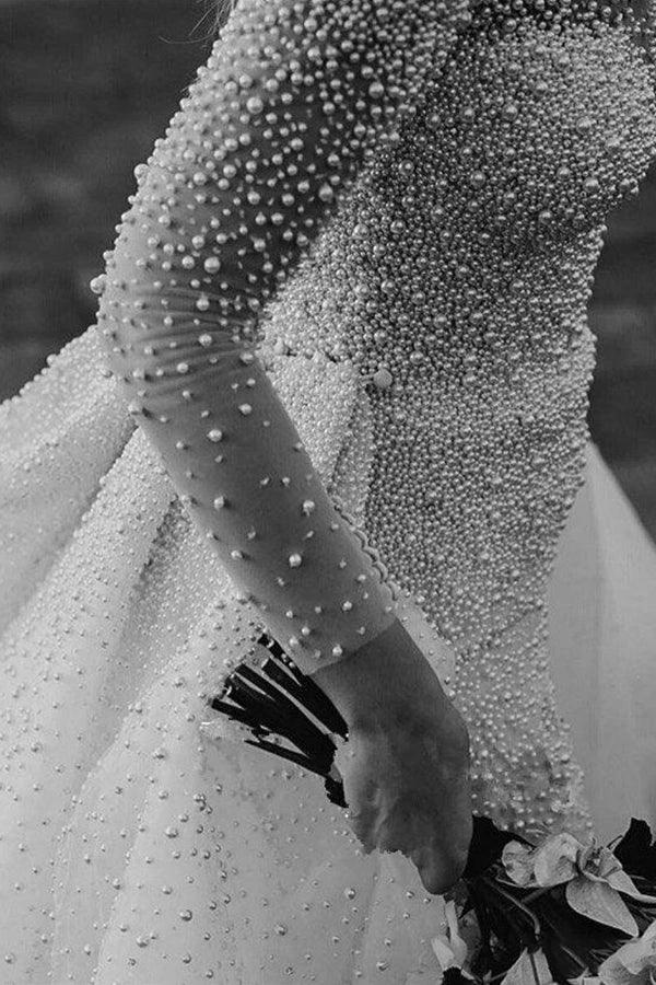 Ivory Long Sleeves Despatchable Train V-neck Button Wedding Dress with Fully coverd Pearls by misshow.com