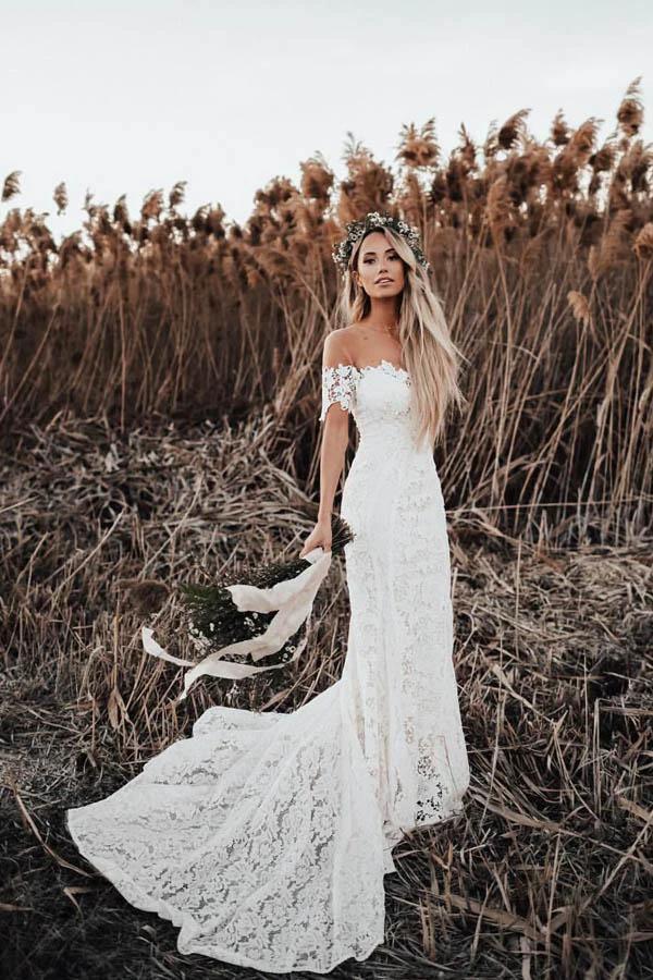 Ivory Mermaid Lace Wedding Dresses Neckline Beach Wedding Dress WD288 by pgmdress