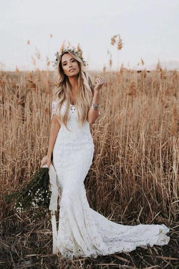 Ivory Mermaid Lace Wedding Dresses Neckline Beach Wedding Dress WD288 by pgmdress