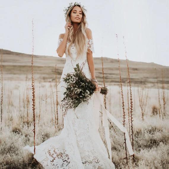 Ivory Mermaid Lace Wedding Dresses Neckline Beach Wedding Dress WD288 by pgmdress