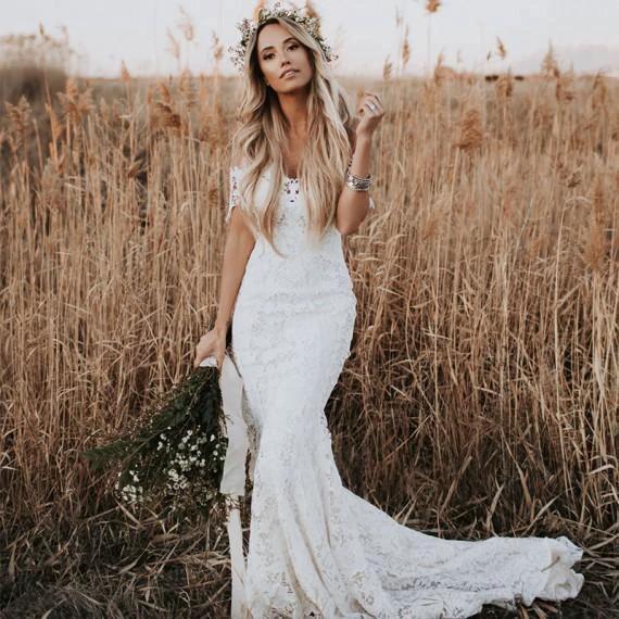 Ivory Mermaid Lace Wedding Dresses Neckline Beach Wedding Dress WD288 by pgmdress