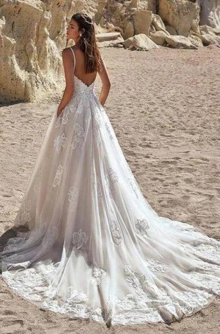 Ivory Spaghetti Straps Floor Length A-Line Wedding Dress by misshow.com