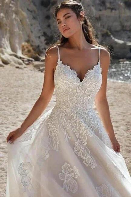 Ivory Spaghetti Straps Floor Length A-Line Wedding Dress by misshow.com
