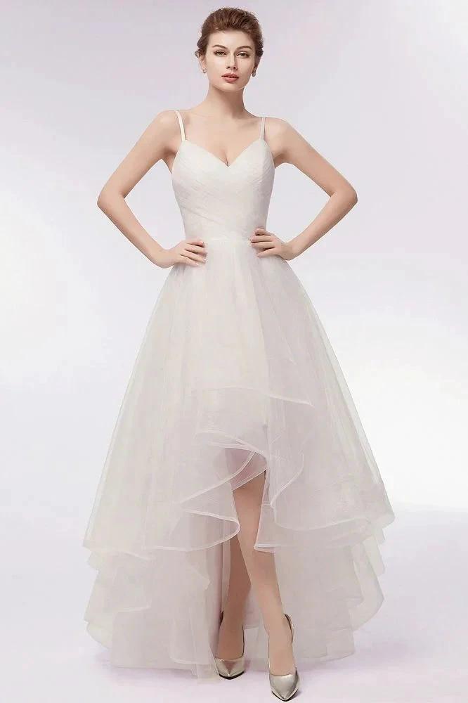 Ivory Sweetheart A-line Hi-lo Spaghetti Tulle Wedding Dresses with Ruffles by misshow.com