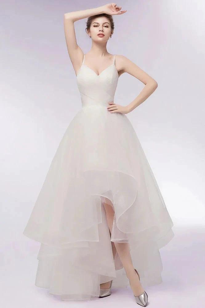 Ivory Sweetheart A-line Hi-lo Spaghetti Tulle Wedding Dresses with Ruffles by misshow.com