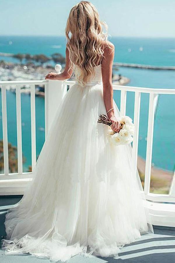 Ivory Tulle Destination Sweetheart Spaghetti Strap Wedding Dress WD082 by pgmdress