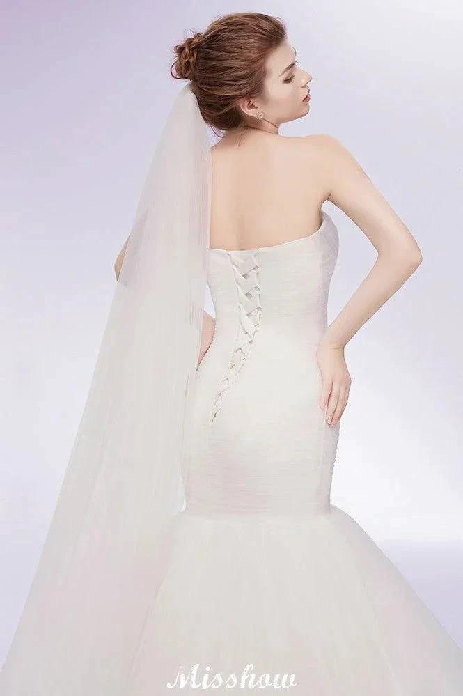 Ivory Tulle Sweetheart Mermaid Strapless Wedding Dresses with Lace-up by misshow.com