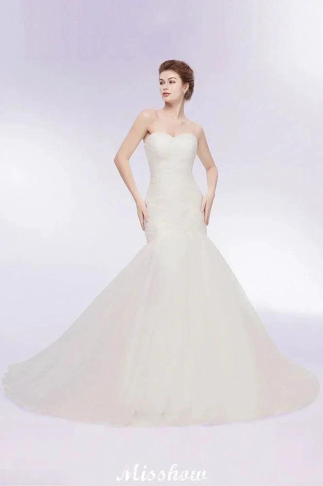 Ivory Tulle Sweetheart Mermaid Strapless Wedding Dresses with Lace-up by misshow.com