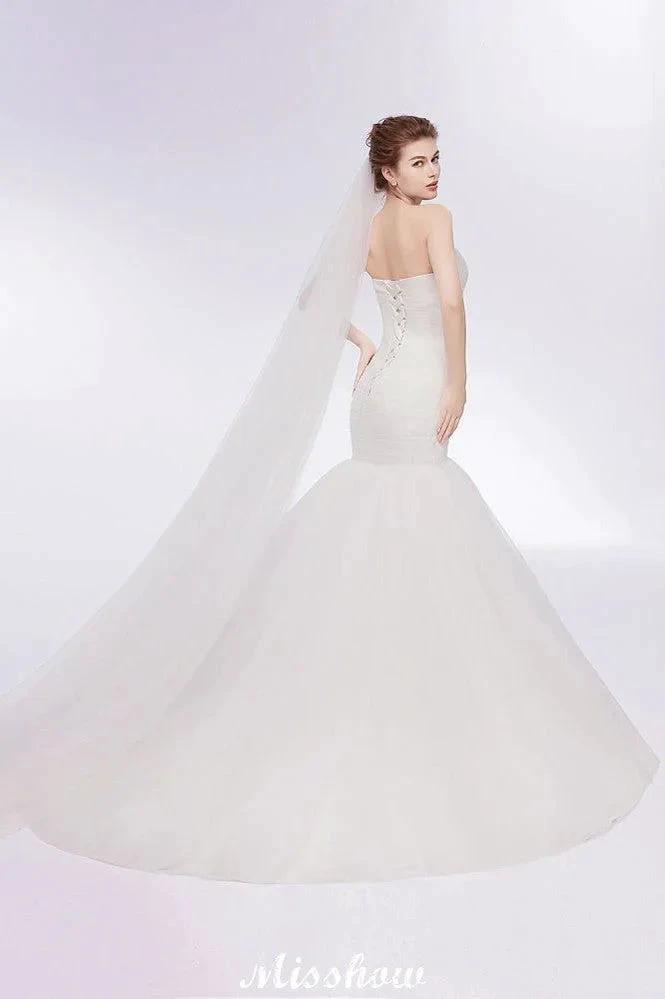 Ivory Tulle Sweetheart Mermaid Strapless Wedding Dresses with Lace-up by misshow.com