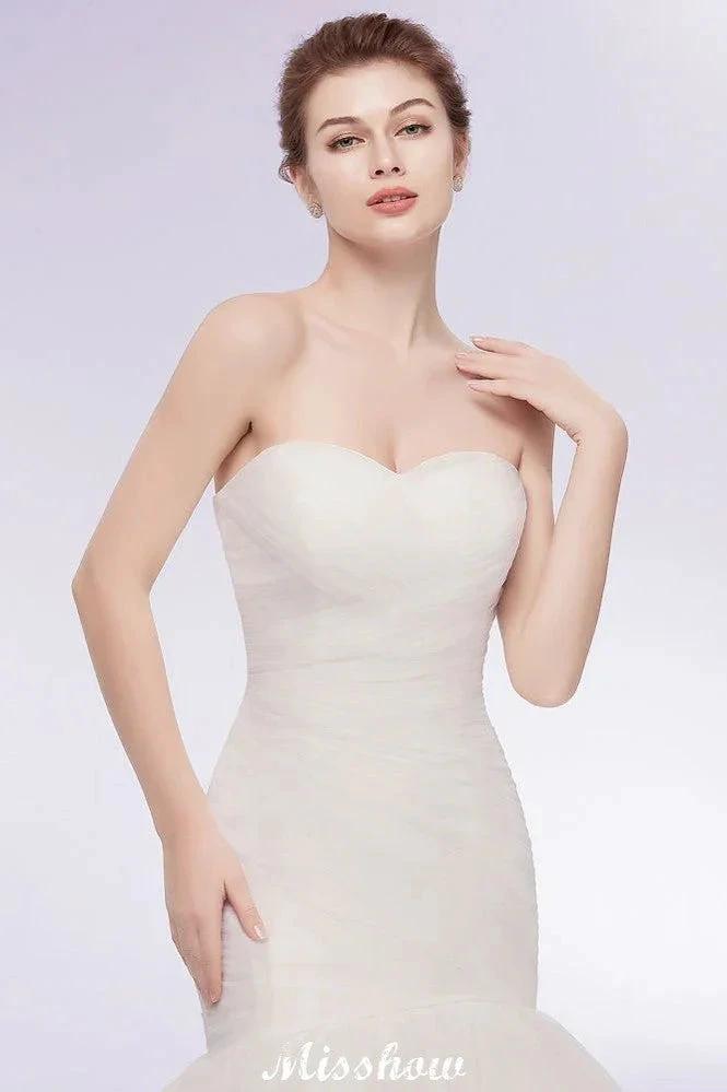 Ivory Tulle Sweetheart Mermaid Strapless Wedding Dresses with Lace-up by misshow.com