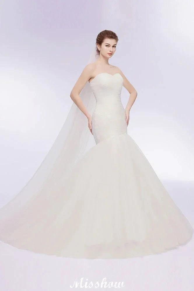 Ivory Tulle Sweetheart Mermaid Strapless Wedding Dresses with Lace-up by misshow.com
