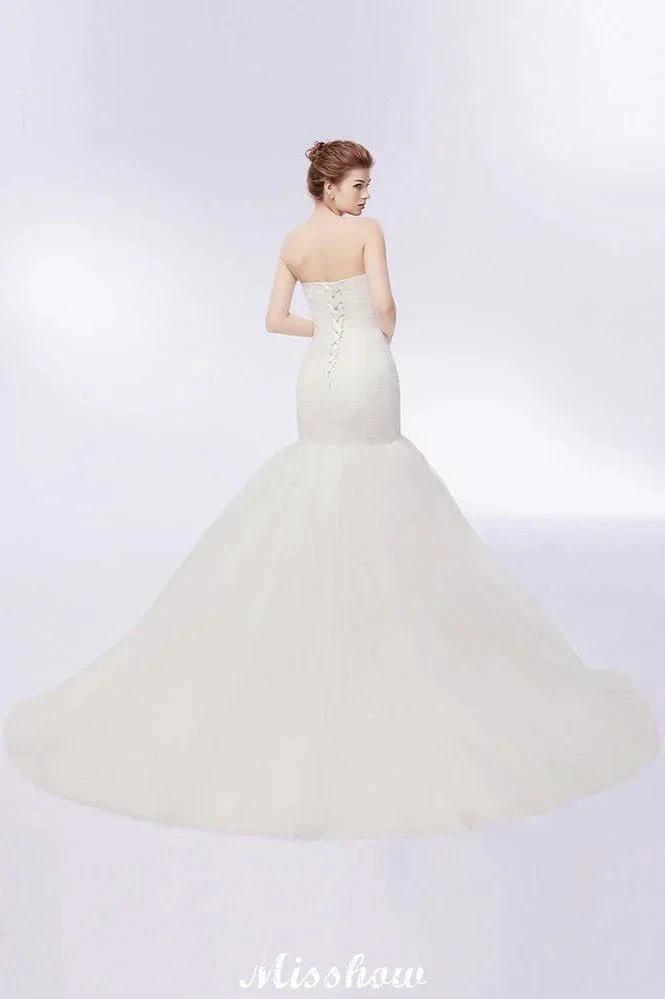 Ivory Tulle Sweetheart Mermaid Strapless Wedding Dresses with Lace-up by misshow.com