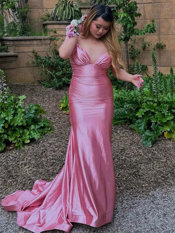 Ixia | V Neck Pink Satin Mermaid Sleeveless Long Prom Dress by KissProm