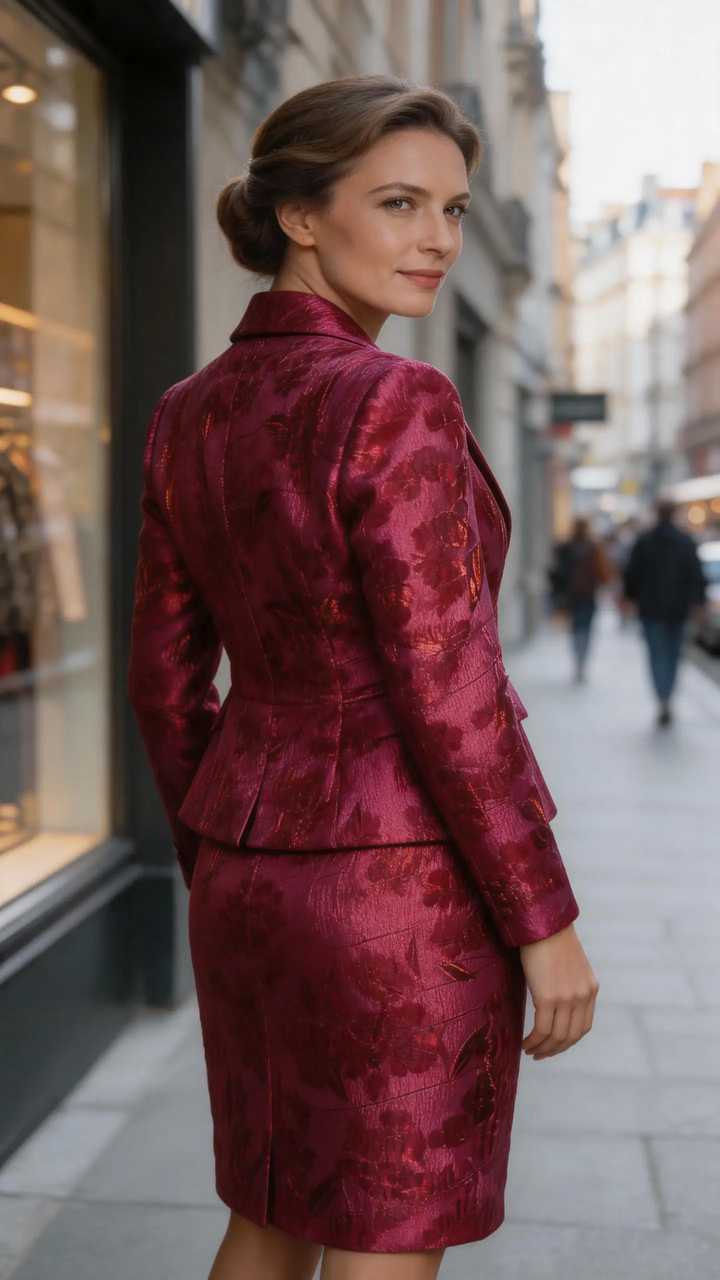Burgundy Floral Jacquard Skirt Suit - Elegant Two-Piece Blazer &amp; Pencil Skirt Set by ZAPDRESS