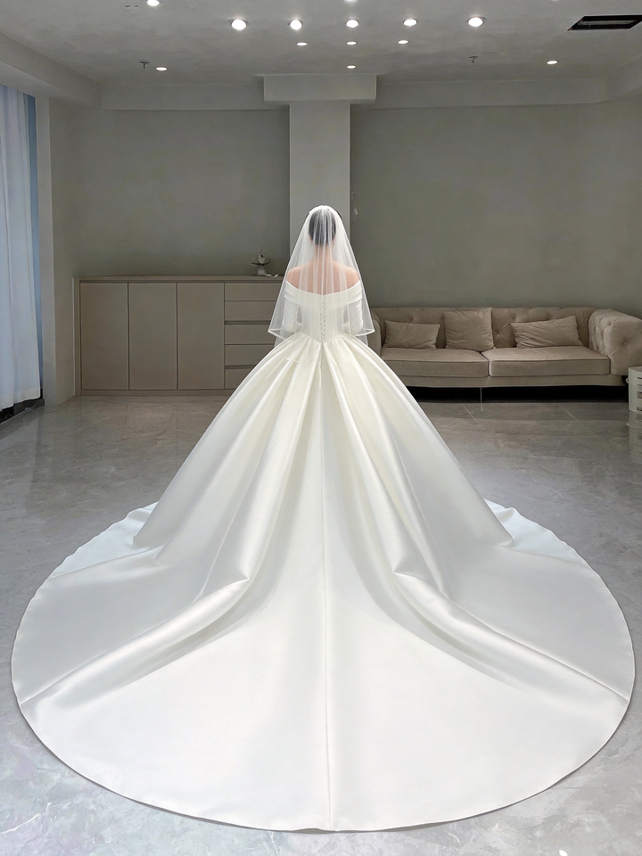 Deslumbrante Vestido de Noiva Branco em Cetim Almofadado, Vestido Nupcial Branco Y6887