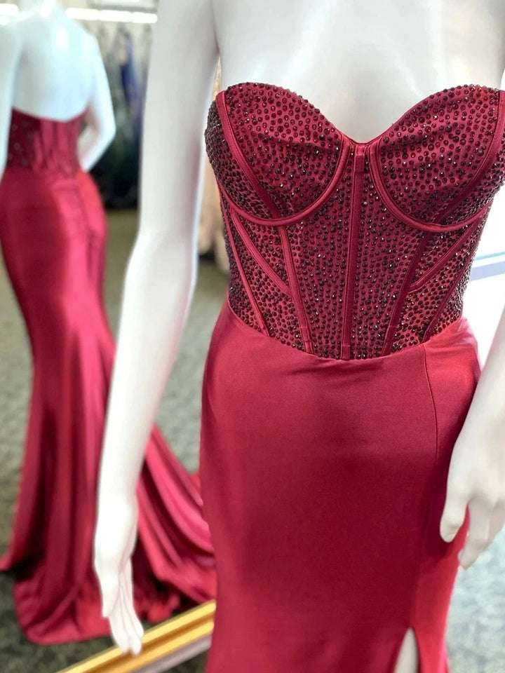 Joanni | Burgundy Beaded Sweetheart Mermaid Long Prom Dress by KissProm