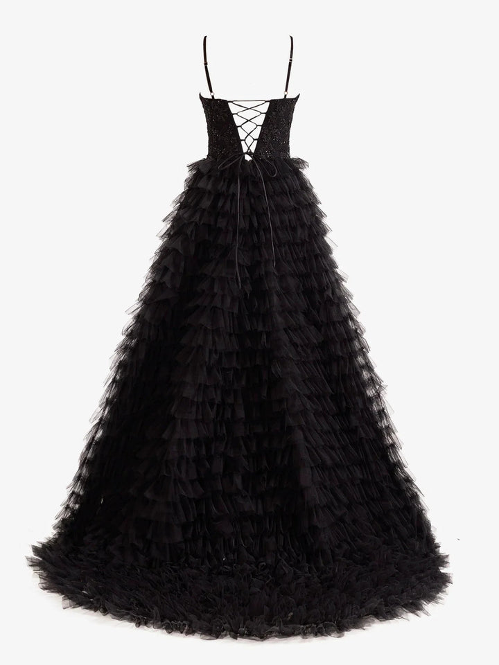 Jordan | Black A-Line Tiered Sequins Tulle Long Prom Dress by KissProm